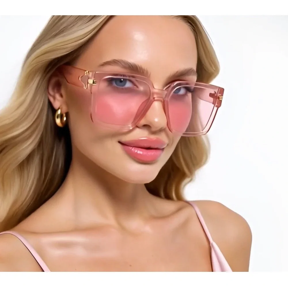 Womens Oversized Square Pink‎ Sunglasses Gold Hardware Transparent Tinted Shades